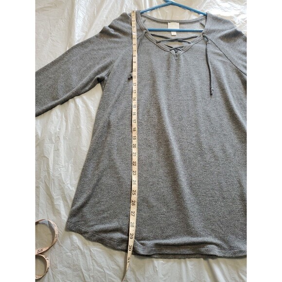 Womens Large Top 3/4 Sleeve Heathered Gray Lace Up Neckline Sunday Tunic Length - Picture 7 of 8